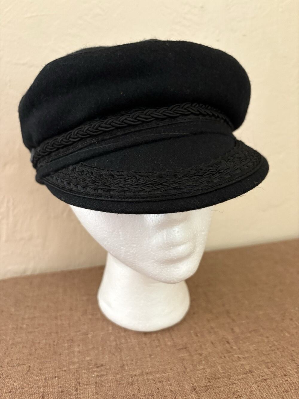 Greek Fishermans Cap Hat Medium Union Made Lined Curved Brim Braided Wool Black